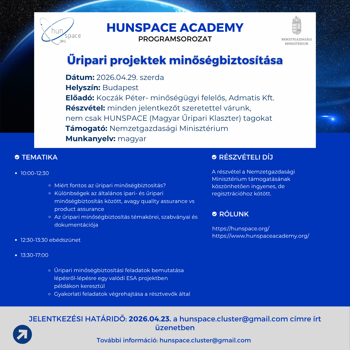 HUNSPACE ACADEMY Programsorozat - Űripari projektek minőségbiztosítása - 2026. április 29. - kép