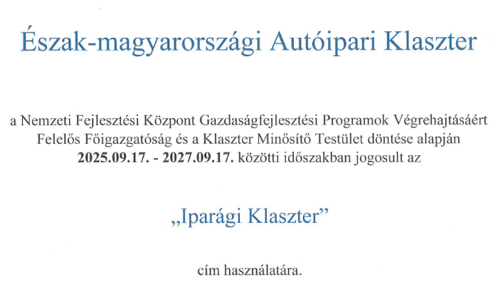 "Iparági Klaszter" címet szerzett a NOHAC