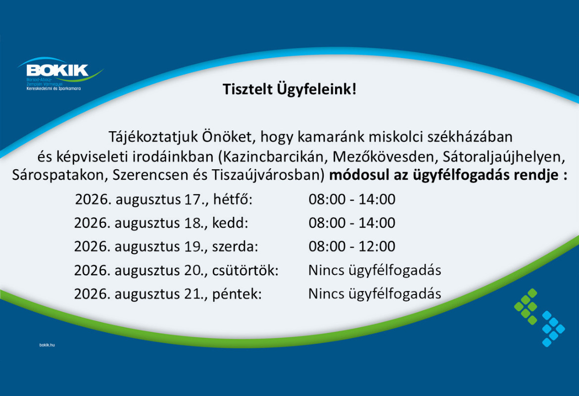 ÜGYFÉLFOGADÁS - 2026.08.17-21